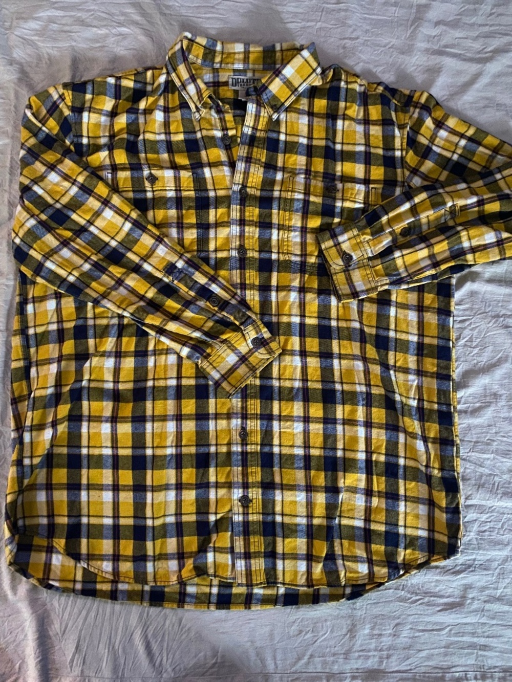 Men’s 2XL Tall Duluth flannel, yellow and blue plaid long sleeve button down
